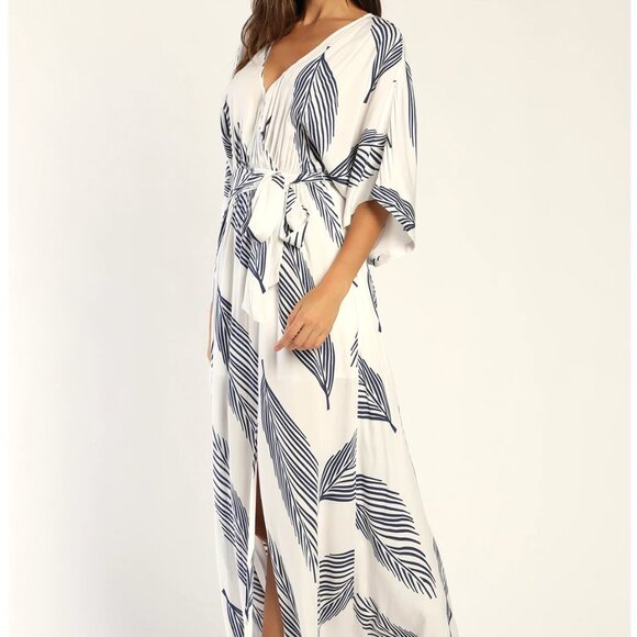 Sign of the Times White and Navy Blue Leaf Print Maxi Dress - Picture 3 of 9